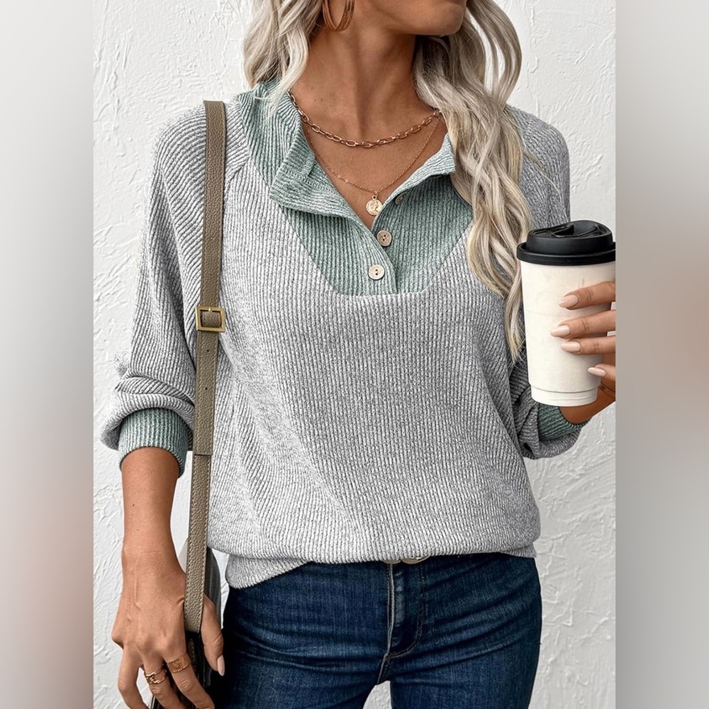 EVALESS Long Sleeve Patchwork Button Up V Neck Casual Pullover Top - Picture 5 of 14